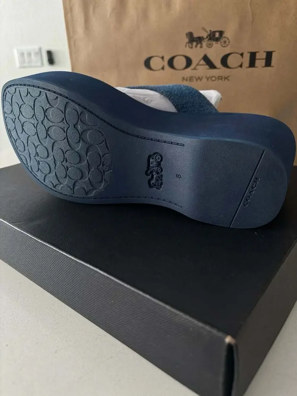 Coach Sculpted C Platform Flip Flop Sandals in Deep Blue Denim